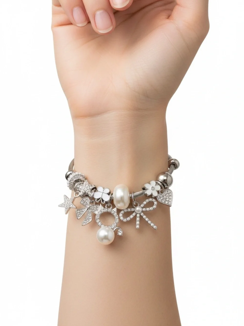 Silver Pearl & Crystal Charm Twisted Bangle Bracelet